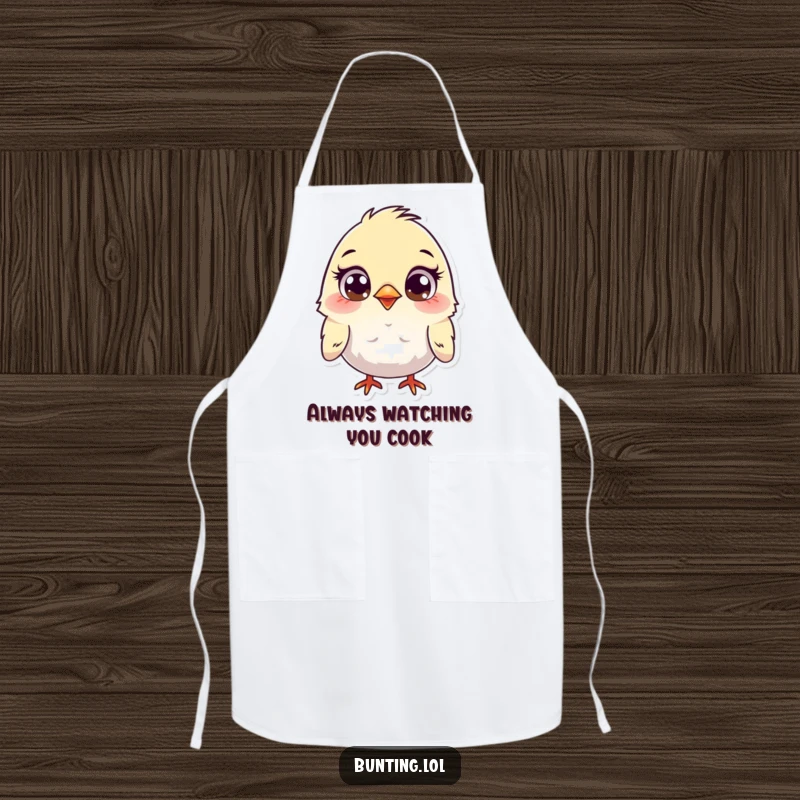 Funny Bunting Apron depicting a cute bird with wide, curious eyes, ready for kitchen adventures, a humorous and practical funny gift.