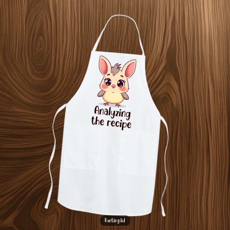 Funny Curious Bunting Apron: A wide-eyed bunting bird curiously surveying its environment while wearing an apron, for funny cooking.