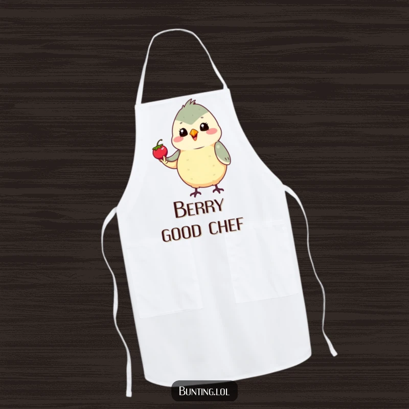 Funny Bunting Apron depicting a cute bird proudly holding a tiny berry, ready for kitchen triumphs, a humorous and practical funny gift.