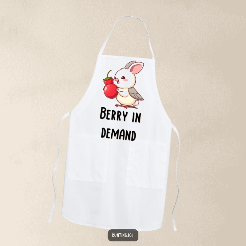 Funny bunting bird character eagerly reaching for a tempting berry, on a functional apron, bringing snack-time fun to cooking.
