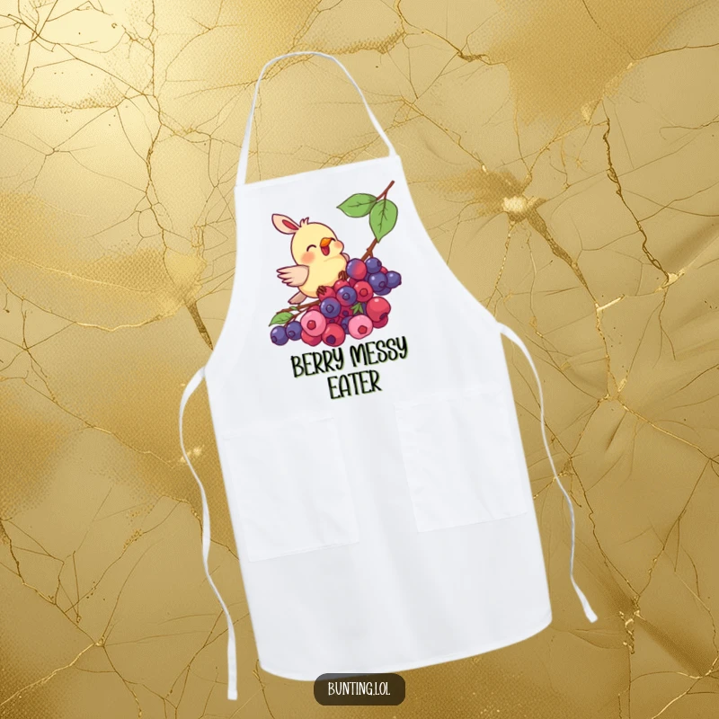 Funny bunting bird apron, humorously shown pecking enthusiastically at a cluster of ripe berries, ready for kitchen duty.