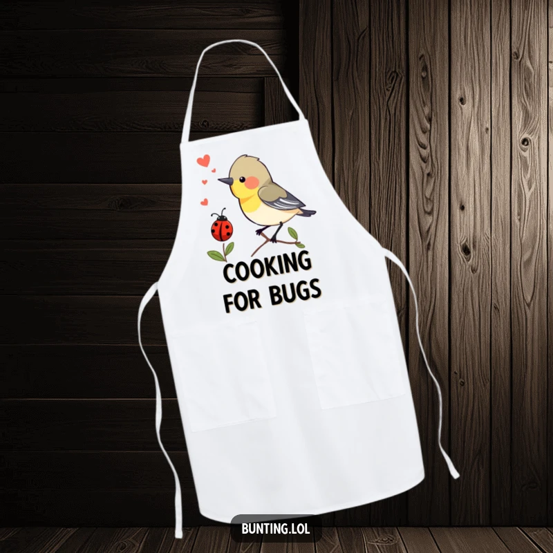 Funny Apron: Bunting bird chirping with excitement at a passing ladybug, a humorous and charming kitchen accessory.