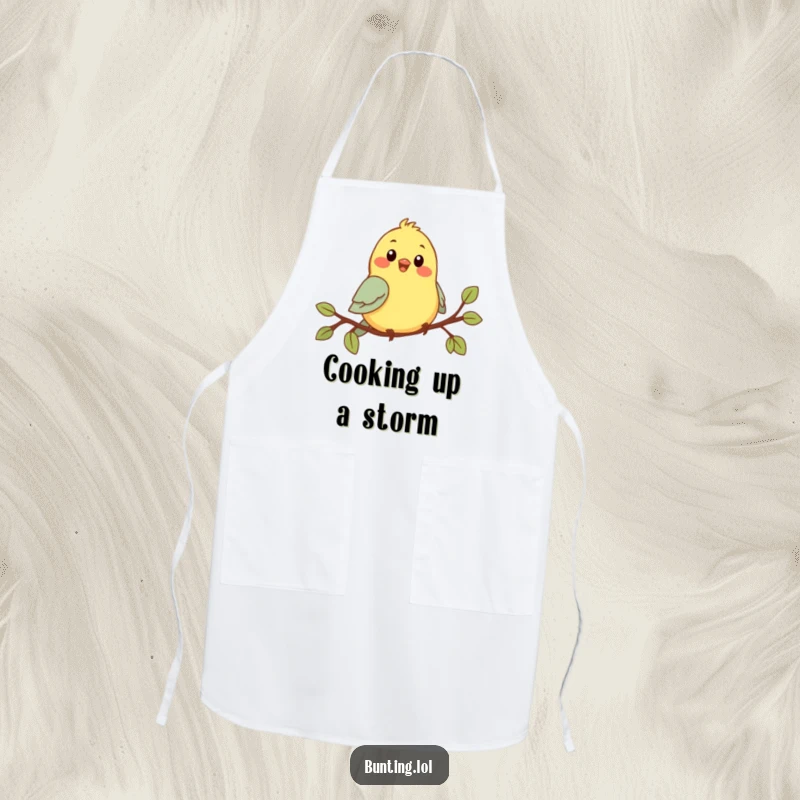 Funny Chirping Bunting Apron: A cute bird is cheerfully singing while wearing an apron, perfect for a funny kitchen.