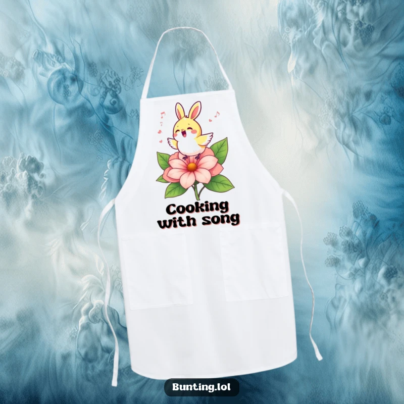 Funny bunting bird singing on a flower, adding a cheerful and musical vibe to this functional kitchen apron.