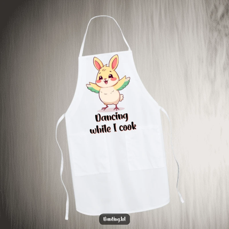 Funny Bunting Apron depicting a cute bird in a fun dance, ready for kitchen fun, a humorous and practical funny gift.