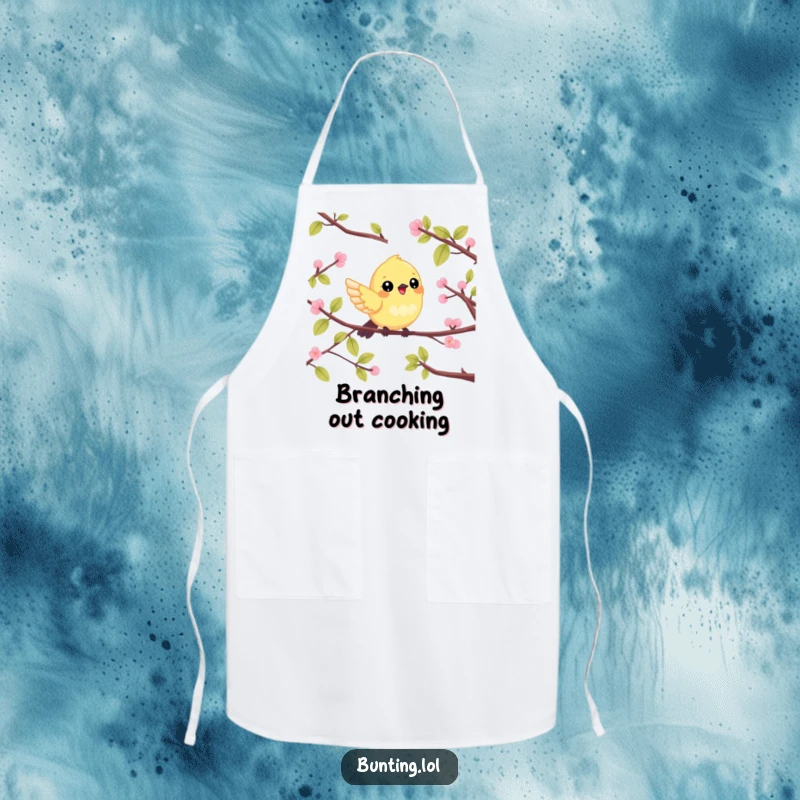 Funny Apron with a cute bunting bird happily flitting between branches, designed for kitchen fun and bird enthusiasts.