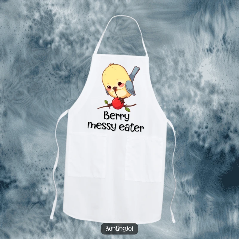 Funny bunting apron featuring a bird comically pecking a minuscule berry, designed for bakers and cooks who appreciate humor.