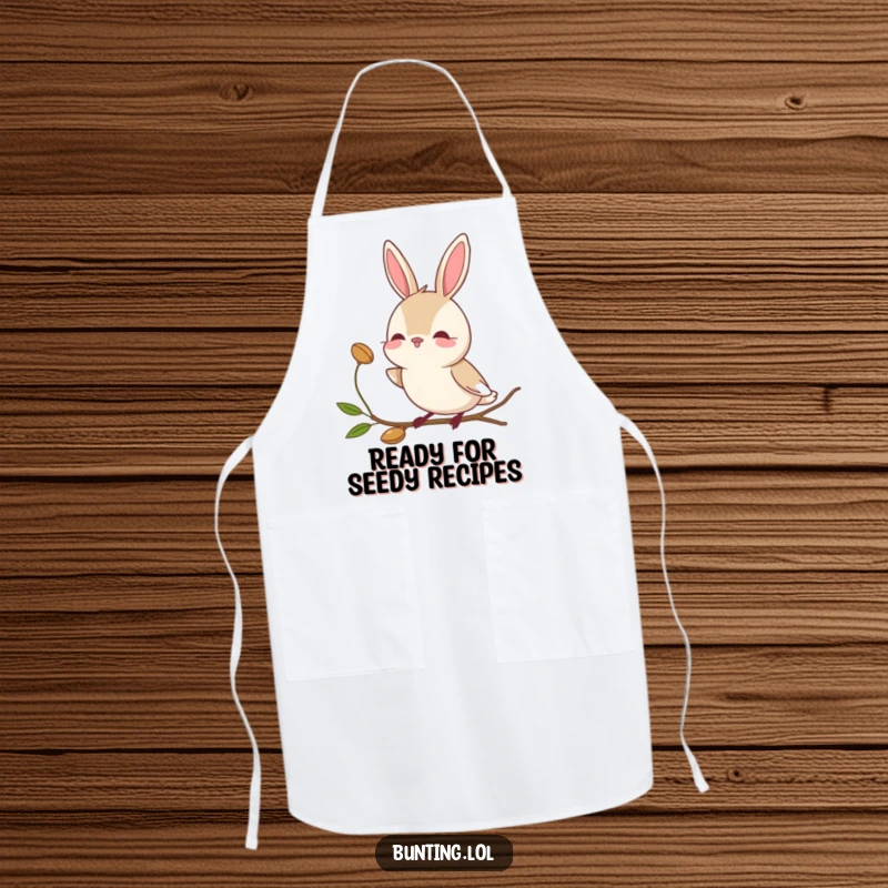 Funny bunting bird apron showing a character tilting its head curiously towards a seed, perfect for a thoughtful cook.