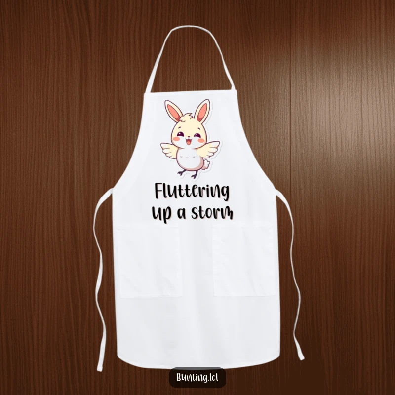 Funny bunting bird apron showing a character doing a happy, energetic wing flutter, perfect for a lively chef.