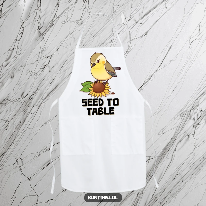 Funny Apron: Bunting bird pecking with gusto at a sunflower seed, a humorous and functional kitchen accessory.