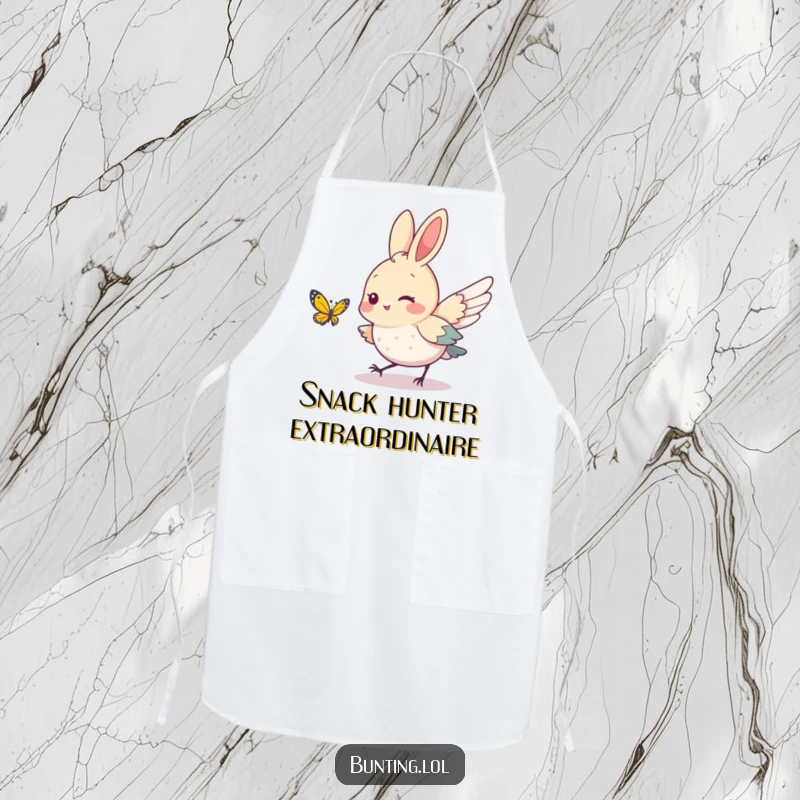 Funny bunting bird character playfully chasing a butterfly, featured on a durable apron, bringing cheerful vibes to the kitchen.