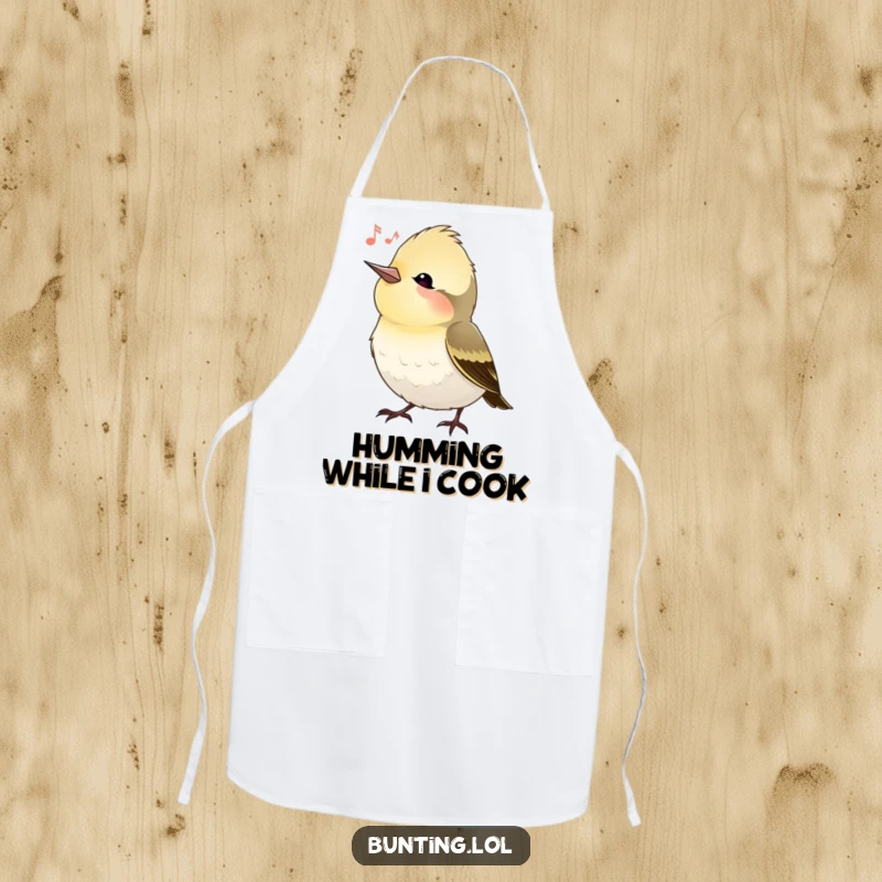 Funny bunting bird apron with a bird tilting its head, listening attentively, ideal for kitchen use and a humorous, practical funny gift.