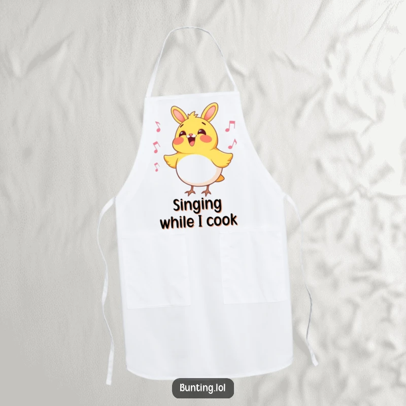 Funny bunting bird apron showing a bunting character in full song, ready to add a humorous and musical flair to any kitchen adventure.