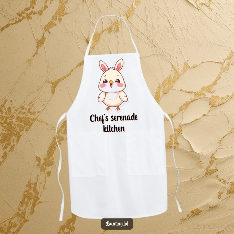 Funny bunting bird character singing with its beak open, on a functional apron, adding musical cheer to cooking.
