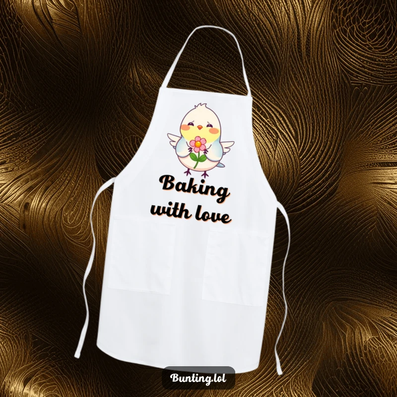 Funny Apron featuring a smiling bunting bird offering a flower, bringing a humorous and heartwarming touch to kitchen tasks.