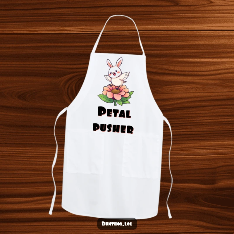 Funny Apron with a cute bunting character hopping energetically on a flower, making cooking a fun, active chore.