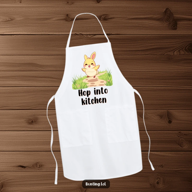 Funny bunting bird apron showing a bunting joyfully hopping along a grassy path, perfect for cheerful cooking.