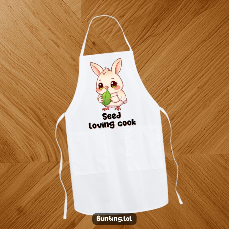 Funny bunting bird apron showing a bunting with bright eyes observing a seed, perfect for focused kitchen activities.