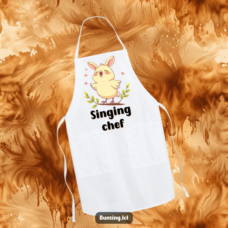 Funny bunting bird apron, humorously shown joyfully singing with its beak open, ready to create culinary masterpieces.