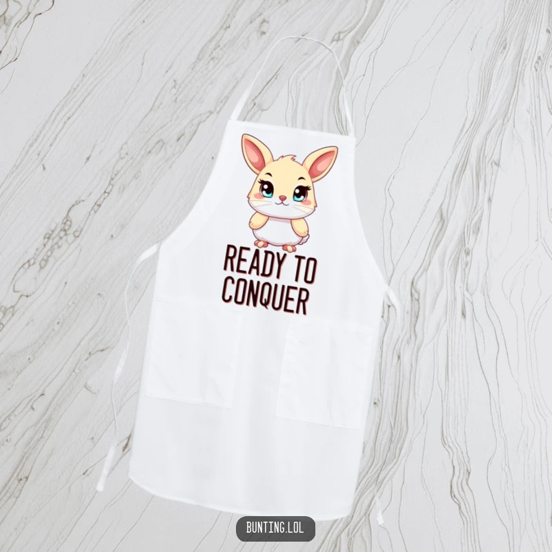 Funny bunting apron, showing a bird with bright, determined eyes, ideal for kitchen protection and focused cooking.