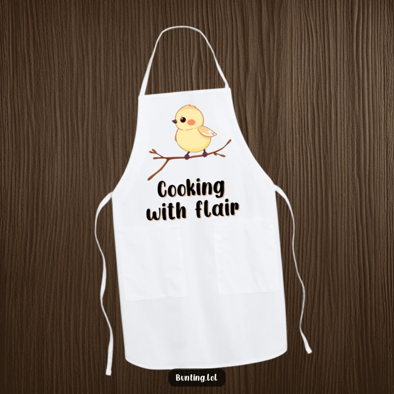 Funny Bunting Apron showcasing a bird hopping on a twig, perfect for kitchen use and fun.