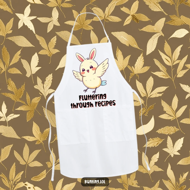 Funny Bunting Apron depicting a cute bird doing a joyful wing flutter, ready for kitchen cheer, a humorous and practical funny gift.