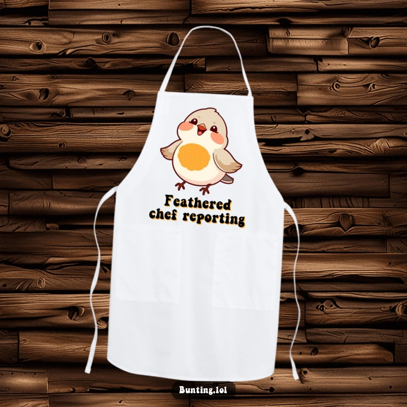 Funny apron showcasing a small, bright orange-chested bird, joyfully chirping, making kitchen tasks more humorous and enjoyable.