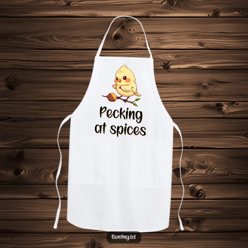 Funny Bunting Apron depicting a cute bird playfully pecking at a seed, ready for kitchen focus, a humorous and practical funny gift.