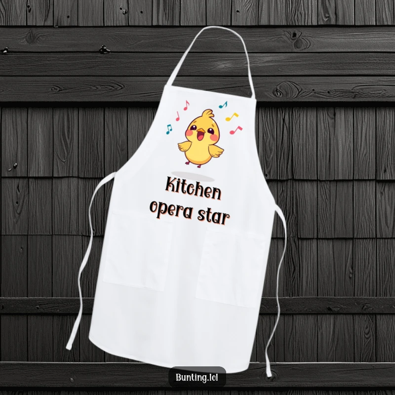 Funny Apron featuring a small, vibrant bird character singing with musical notes, ideal for adding a cheerful, musical touch while cooking.