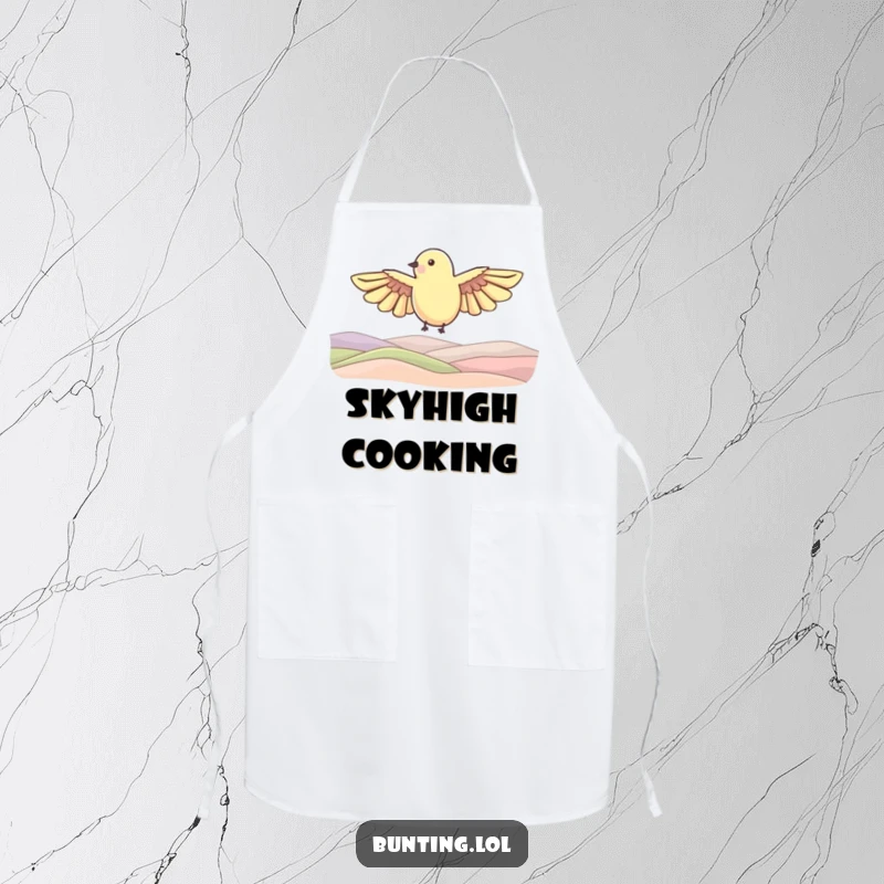 Funny Apron featuring a bunting bird shape with outstretched wings soaring over rolling hills, ideal for cooking with a sense of adventure.