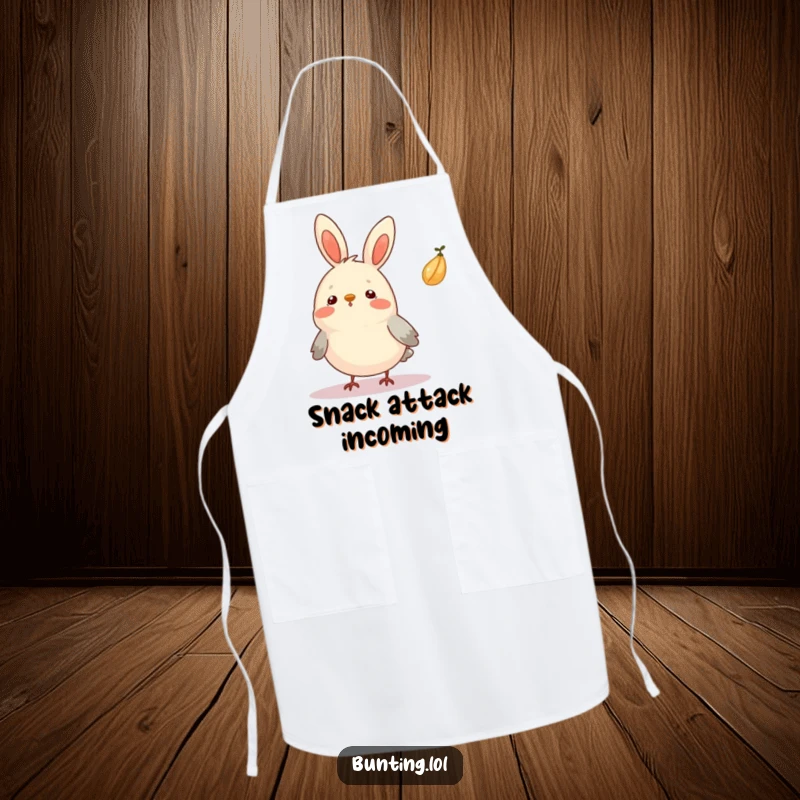 Funny Bunting Apron showcasing a bird looking surprised as a seed floats by, perfect for kitchen use.