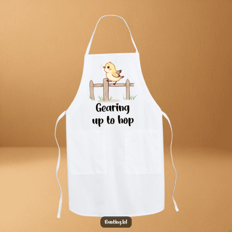 Funny Apron: A small, vibrant bird hops energetically along a fence post, a humorous and functional kitchen accessory.