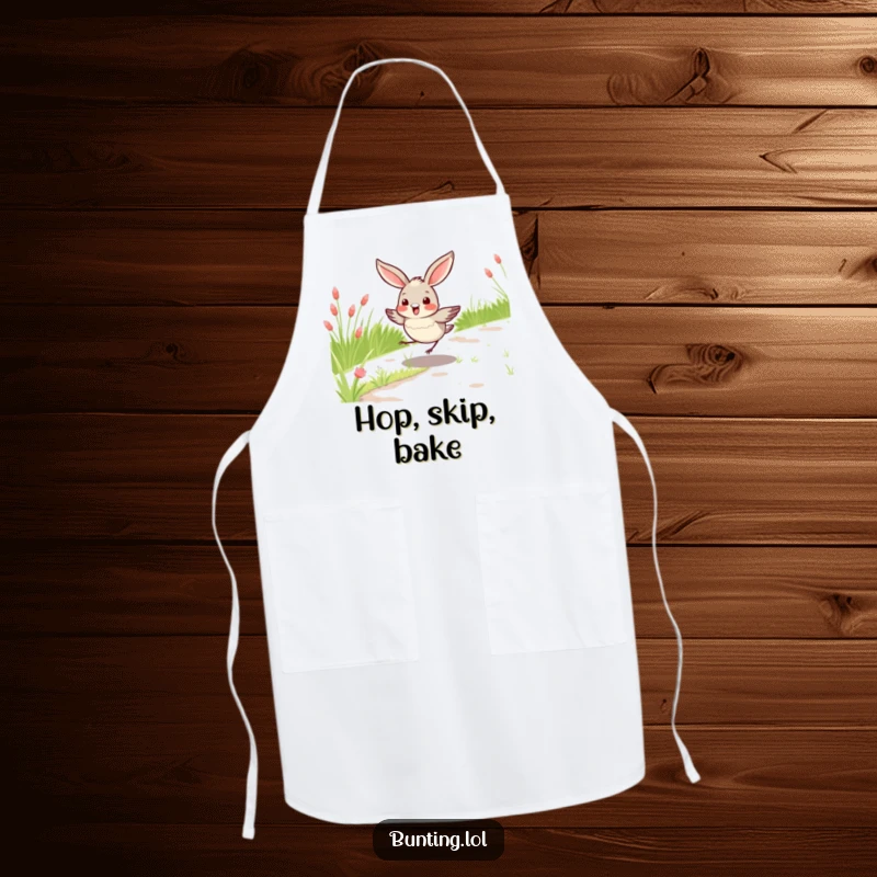 Funny bunting bird apron with a bird happily hopping along a grassy path, ideal for kitchen use and a humorous, practical funny gift.