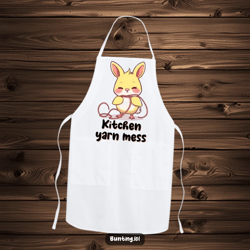 Funny bunting bird comically tangled in yarn, featured on a functional and amusing kitchen apron.