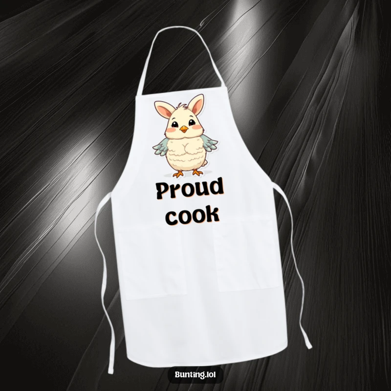 Funny bunting bird apron, humorously fluffing its chest feathers with pride, ready to cook with confidence.