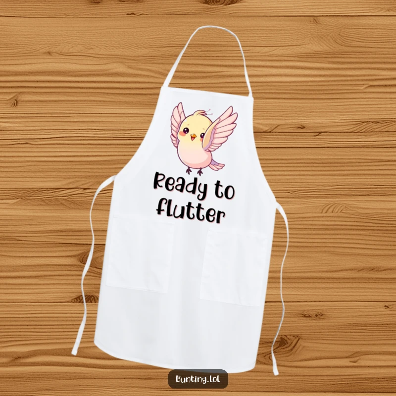 Funny Apron: Bunting bird flutters its wings with pure delight, a humorous and joyful kitchen accessory.