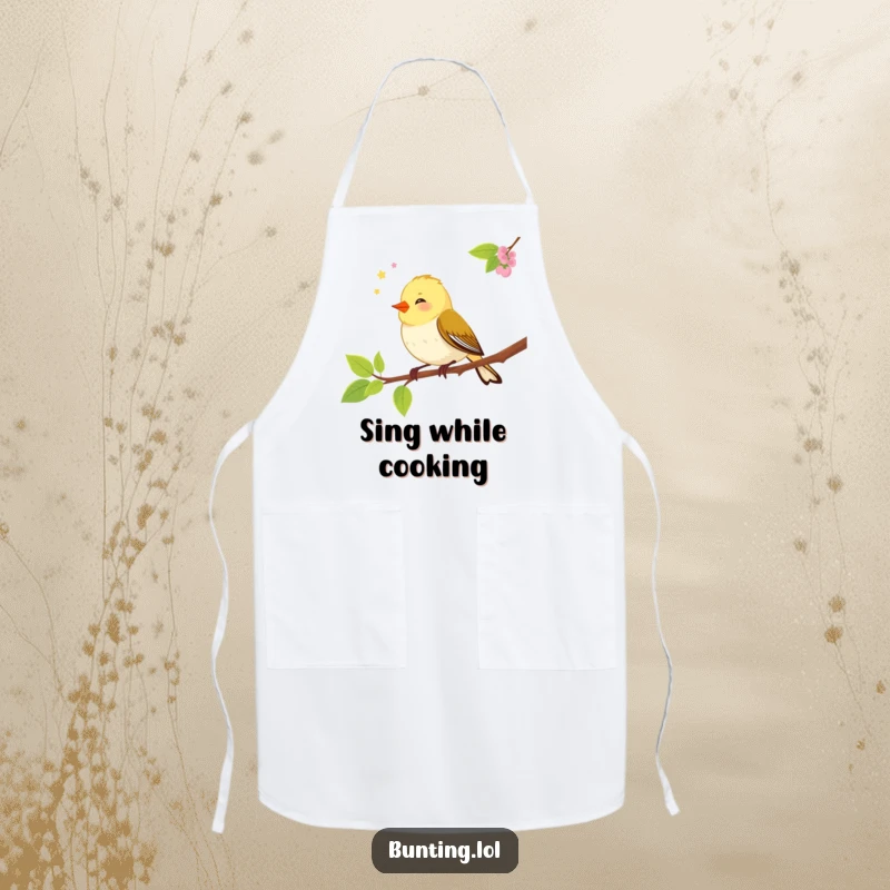 Funny bunting bird apron featuring a cheerful songbird chirping merrily, designed for joyful cooking and kitchen fun.