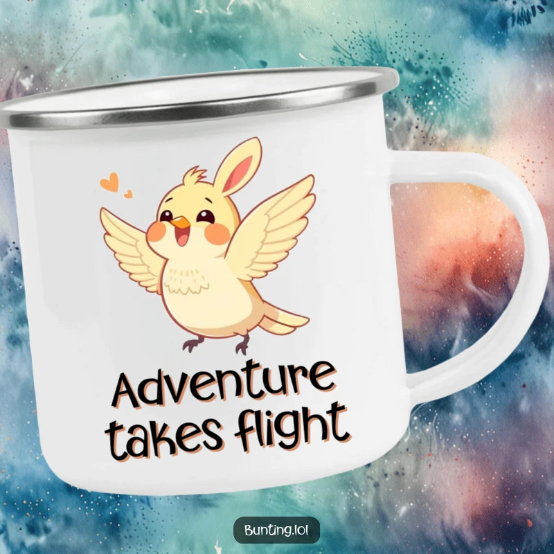 Funny bunting bird camping mug showing an excited bunting character fluttering its wings, ideal for enjoying drinks outdoors with a humorous dose of energetic fun.