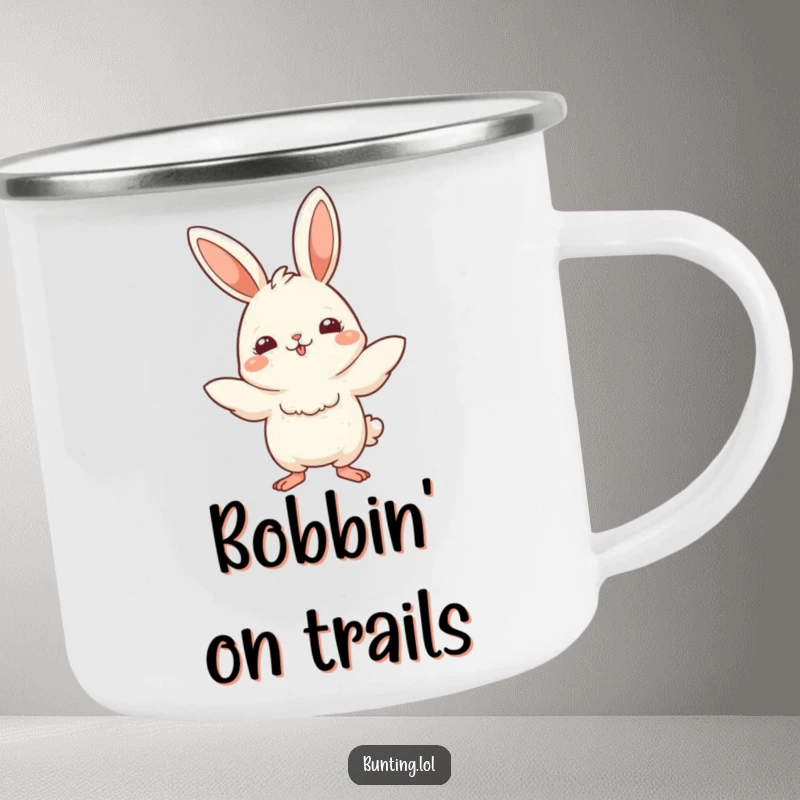 Funny Camping Mug showcasing a cute bunting bird in a playful bobbing motion, perfect for rugged outdoor use.
