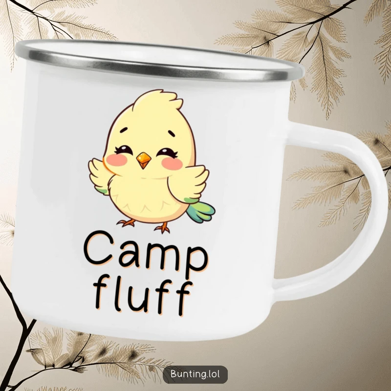 Funny Camping Mug with a cute bunting character fluffing its feathers with delight, perfect for cozy outdoor moments.