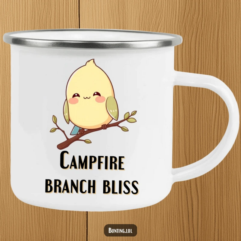 Funny bunting bird camping mug showing a character perched contentedly on a branch with a smile, for relaxed outdoors.