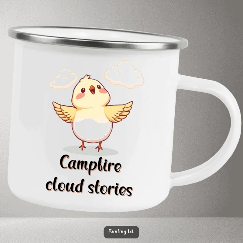 Funny Camping Mug featuring a bunting bird looking up at clouds with delight, bringing cheerful humor to any outdoor setting.