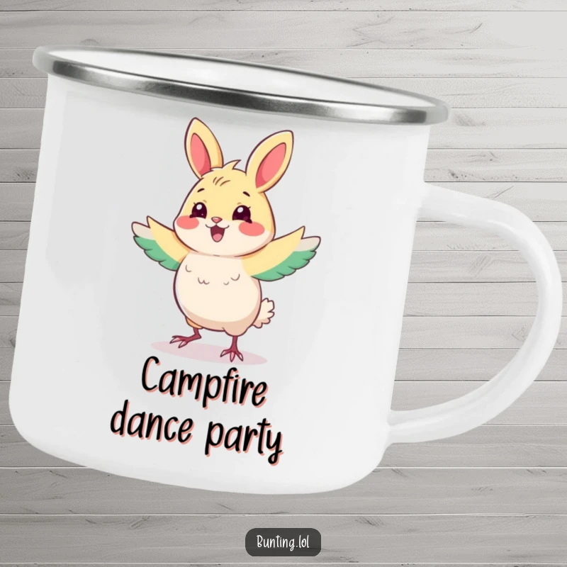 Funny Bunting Camping Mug with a cute bird performing a funny dance, ideal for outdoor fun and a humorous funny gift.