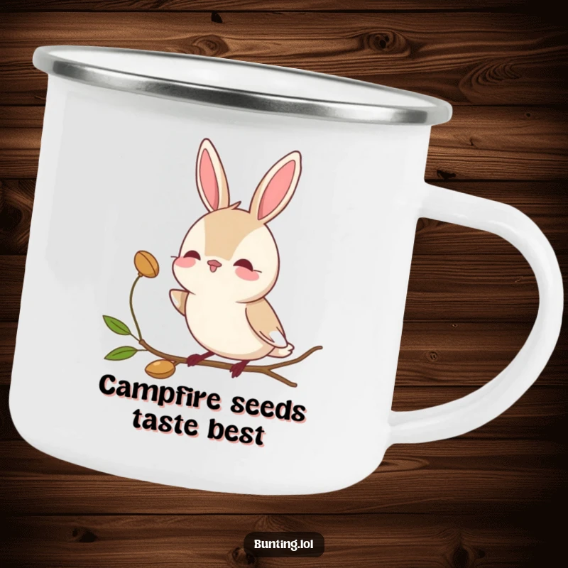 Funny bunting bird camping mug showing a character tilting its head curiously towards a seed, for outdoor enthusiasts.