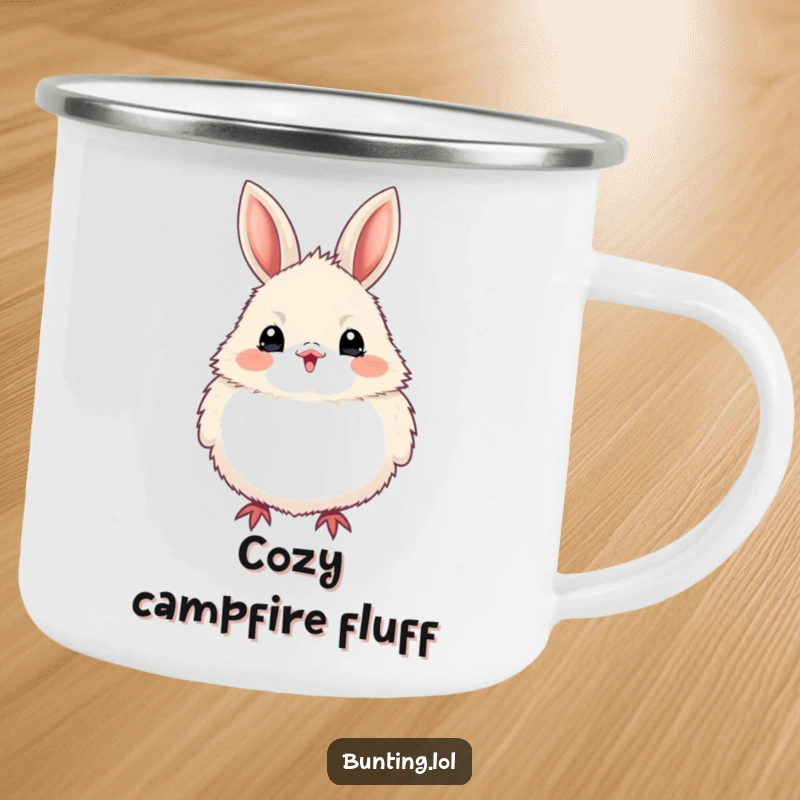 Funny bunting bird camping mug showing a bird puffed up with fluffy excitement, durable outdoor drinkware that makes a humorous funny gift.