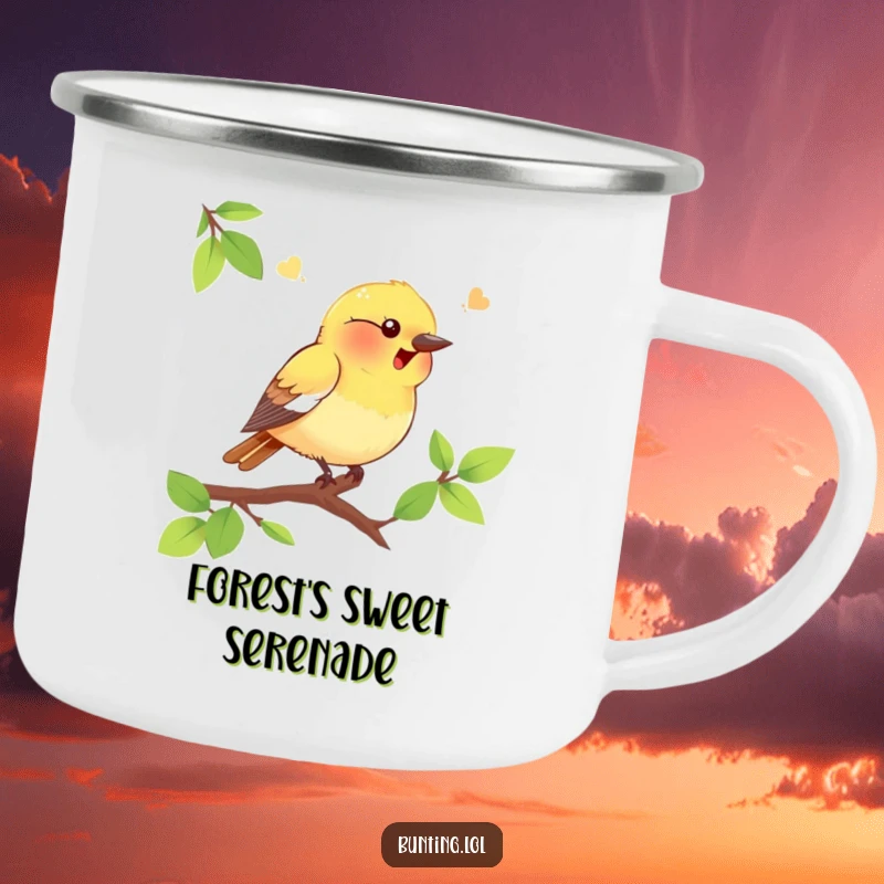 Funny bunting bird camping mug showing a happy bird on a branch, durable outdoor drinkware that makes a humorous funny gift.
