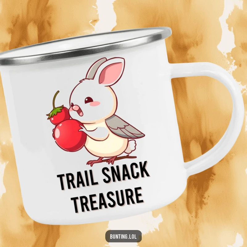Funny bunting bird character eagerly reaching for a tempting berry on a sturdy camping mug, ideal for enjoying nature and snacks.
