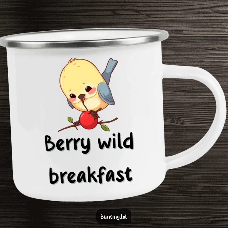 Funny bunting camping mug showing a bird comically pecking a minuscule berry, ideal for outdoor enthusiasts who enjoy humor.