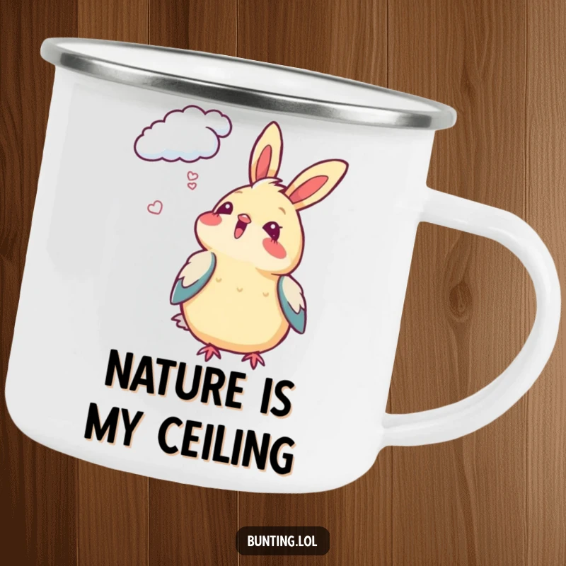 Funny Bunting Camping Mug featuring a bird looking at clouds with delight, perfect for outdoor relaxation.