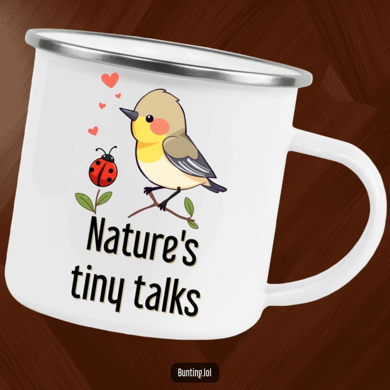 Funny Camping Mug: Bunting bird chirping with excitement at a passing ladybug, perfect for humorous outdoor enjoyment.